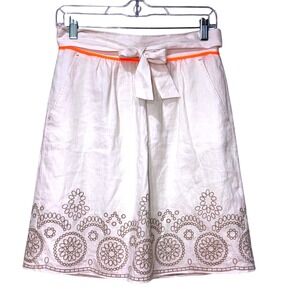 T Tahari Linen Belted Embroidered Skirt Size 6 Cottage Coastal